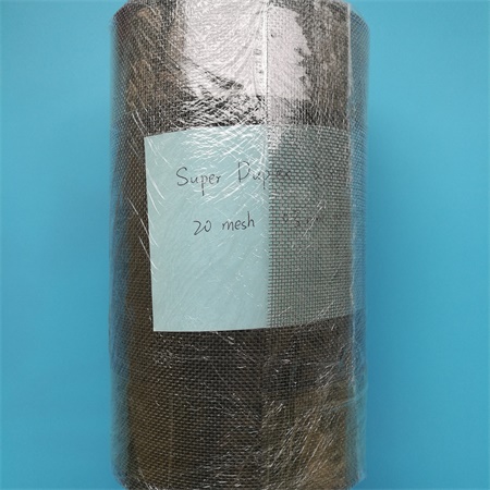 A roll of super duplex stainless steel wire mesh wrapped by plastic film.